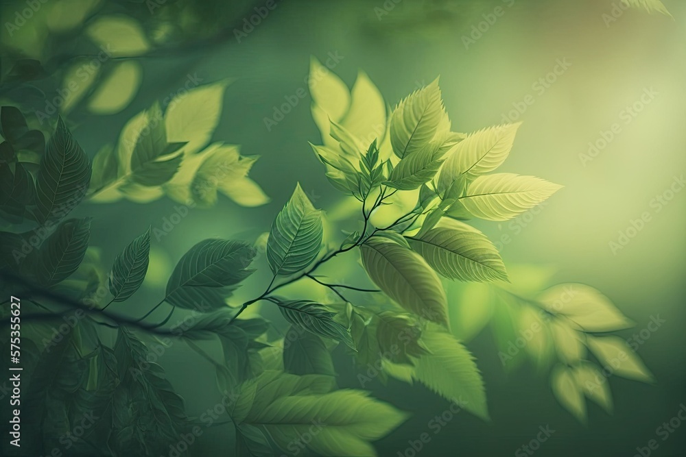 Poster green tree leaves on a hazy spring background. generative ai