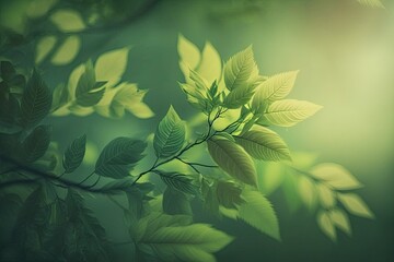 Green tree leaves on a hazy spring background. Generative AI