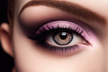Obraz premium Close up of beautiful woman purple eye make up. Ai generative.