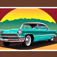 Obraz na płótnie Canvas Palm springs touristic greeting card retro car silhouette paint. AI generated illustration