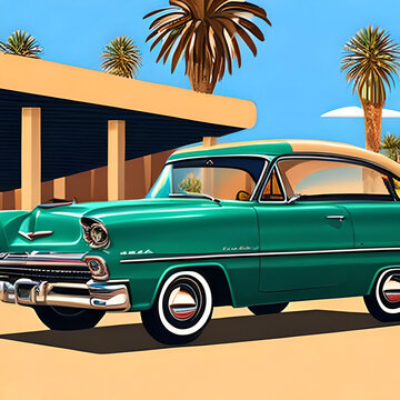 Palm springs touristic greeting card retro car silhouette paint. AI generated illustration