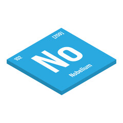 Nobelium, No, periodic table element with name, symbol, atomic number and weight. Synthetic radioactive element with potential uses in scientific research and nuclear power.