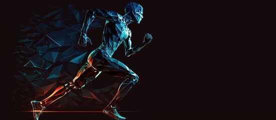 Obraz na płótnie Canvas Body of man runner made of polygons jogging over dark blue background. Concept of hi tech in sport. Toned image mock up. copy space for text by ai generative