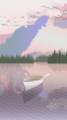 Vector image, a boat on a lake in the mountains