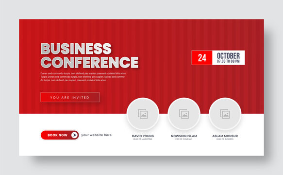 Business webinar invitation template design. Webinar and business conference social media banner template. Online live webinar banner invitation. Business conference flyer. Annual business conference