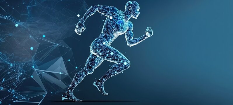 Body of man runner made of polygons jogging over dark blue background. Concept of hi tech in sport. Toned image mock up. copy space for text by ai generative