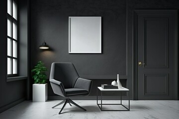 Against the sleek black chair, the wall is a sophisticated dark gray. Fashionable interior with a modern chair as a backdrop, blank copy area. Generative AI