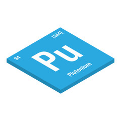 Plutonium, Pu, periodic table element with name, symbol, atomic number and weight. Synthetic radioactive element with potential uses in scientific research and nuclear power.