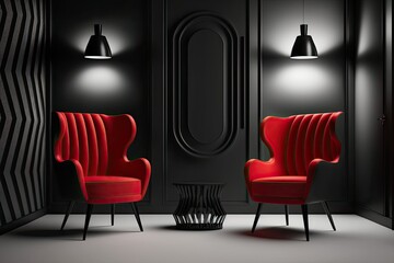 Stylish and sophisticated, this room's dark atmosphere is brightened with a pair of scarlet armchairs. Generative AI