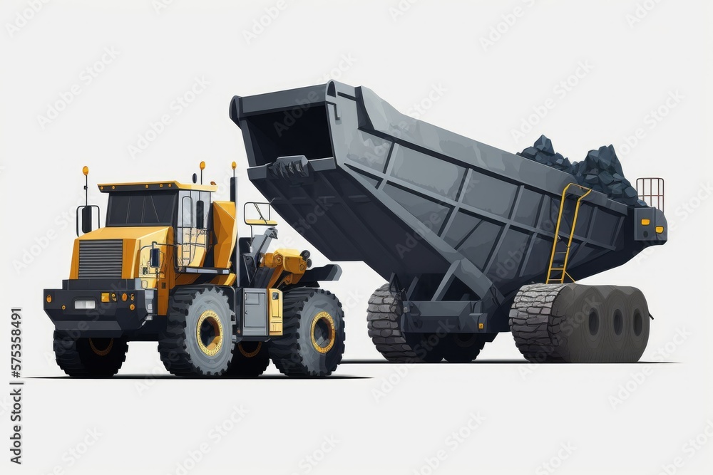 Poster large dump truck and excavator used in a quarry. massive mining trucks extract coal from the mine. s