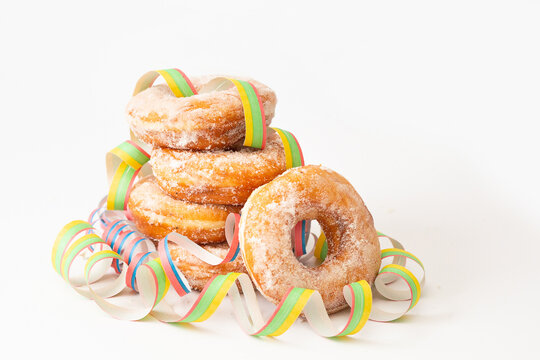 Finnish traditional Vappu food, sugar donuts, close-up, postcard