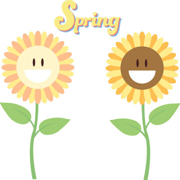 A cartoon picture of two sunflowers with the word spring on the bottom.