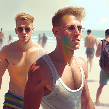 Men on a gay beach, Ai Generative.