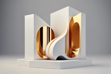 3d abstract podium minimal geometric white and gold background generative ai