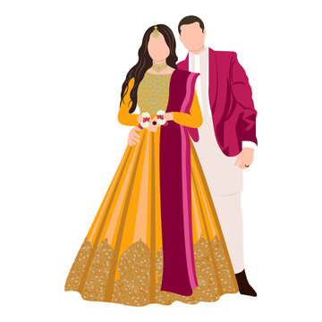 Vector vector cute indian couple cartoon in traditional dress posing for wedding invitation card design	
