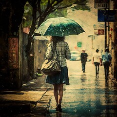 One woman from behind with umbrella, walking in the street on a rainy day. Ai Generative.