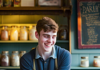 Naklejka premium portrait of a man with mental retardation, who works inside a cozy cafe, however he is joy and enthusiasm, generative ai.