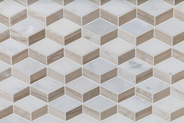Modern geometric cube tile in white, beige and brown for a backsplash, bathroom or kitchen