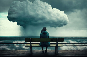 A sad woman sits on a bench and looks at the storm, concept of Loneliness and Despondency, created with Generative AI technology - obrazy, fototapety, plakaty