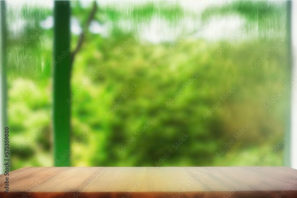 Poster abstract green color from a garden and a morning metropolitan view on a wooden tabletop on a blurred