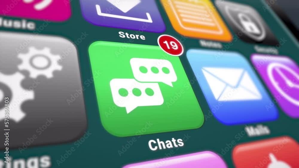 Poster video animation of a smartphone screen. in focus a chat app with notifications. moving background.