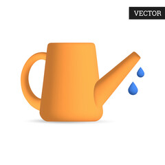 Watering can with water drops. 3d icon in cartoon style. Tool for the garden. Design element. Vector illustration.