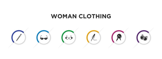 woman clothing filled icons with infographic template. glyph icons such as eyes makeup pencils, cat eyes glasses, round eyeglasses, needle, female with long hair, round earrings vector.