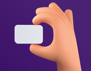 3d vector cartoon human hand holding white empty card. Businessman hand holding label or tag on dark background. Isolated design elements.