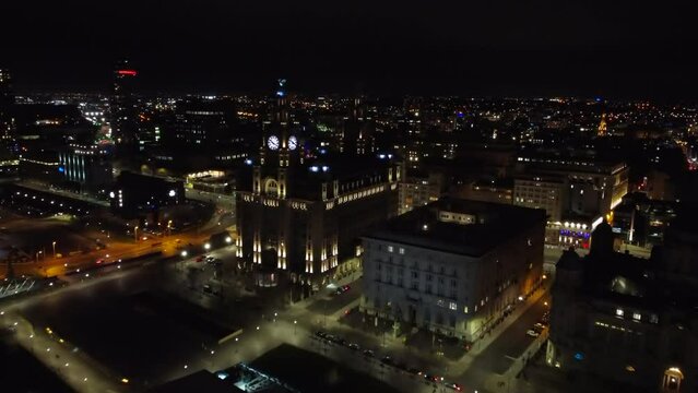 Aerial drone view of Liverpool city watch at night, United Kingdom