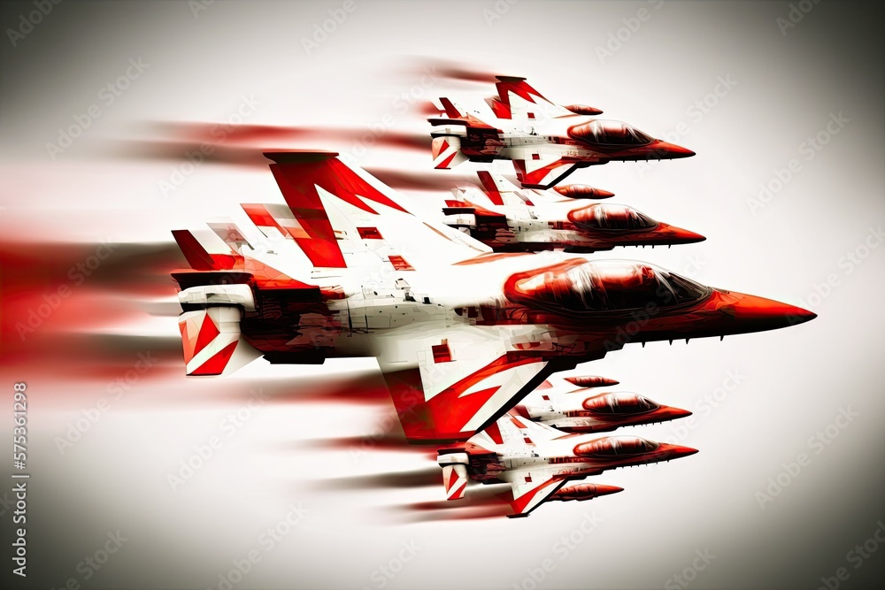 Poster combat planes performing a dazzling aerial performance in every direction (blurry). generative ai
