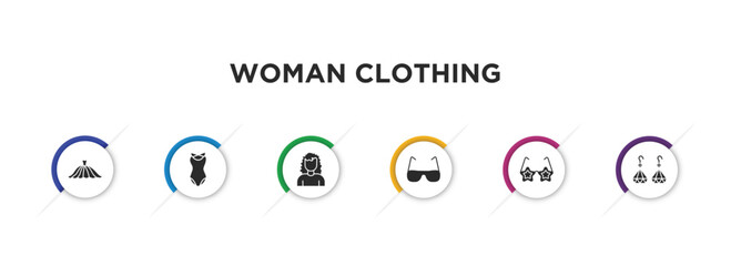 woman clothing filled icons with infographic template. glyph icons such as long dress, female swimsuit, curling hair, rectangular eyeglasses, childish eyeglasses, dangling earrings vector.
