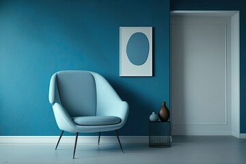 Blue wall and contemporary armchair in a living room. Generative AI