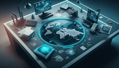 Futuristischer Cyber-Schreibtisch mit virtuellen und physischen Objekten und Hologrammen © actioncam-chiemgau