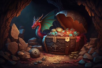 Cave with dragon and treasure, piles of gold coins, jewelry and gem.  Ai cartoon illustration of fairytale treasury with wooden chests, gemstones