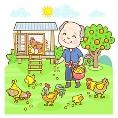 Cartoon farmer and chicken character
