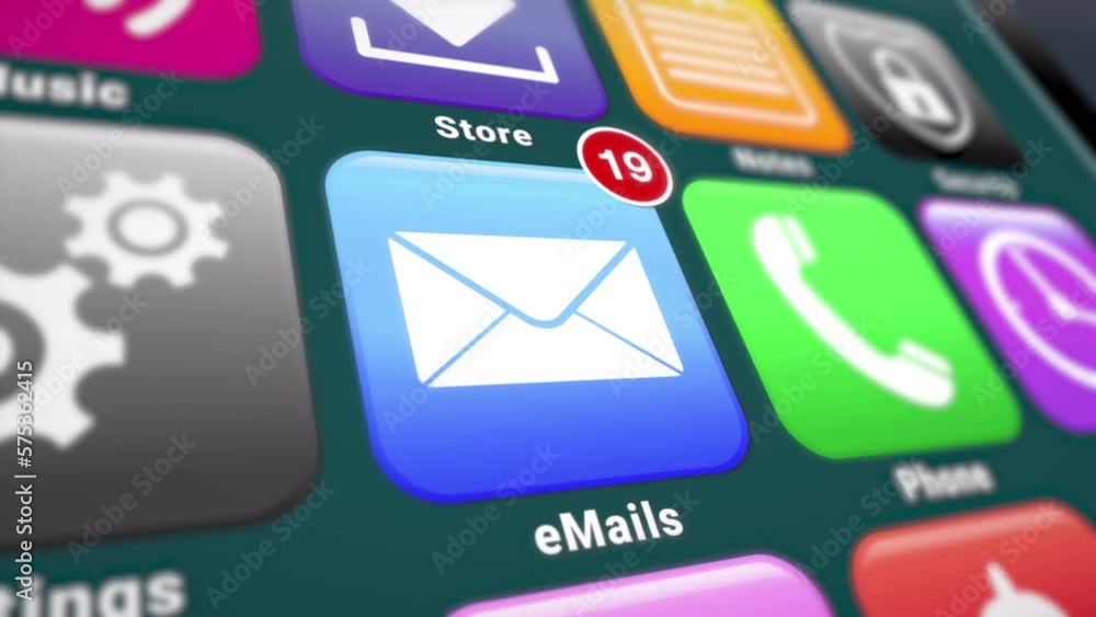 Poster video animation of a smartphone screen. in focus a mail app with notifications. moving background.