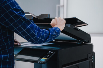 Copier printer, Close up hand office man press copy button on panel to using the copier or...
