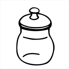An empty glass jar with a lid, a sugar bowl. Vector hand-drawn doodles. Kitchen and bar utensils. Clipart, logo, sketch, icon, template.