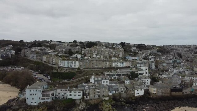 St. Ives, Cornwall, England February 5th 2023. View city on winter time from drone.