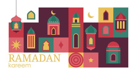 Fototapeta premium Islamic Ramadan Kareem holiday banner design with minimalistic icons of Mosque, dome and lantern. Vector illustration