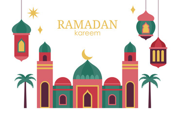 Islamic Ramadan Kareem holiday banner design with minimalistic of Mosque, dome and lantern isolated on white background. Vector illustration
