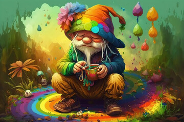 Saint Patrick day's leprechaun with gold and colorful rainbow background, created with Generative AI