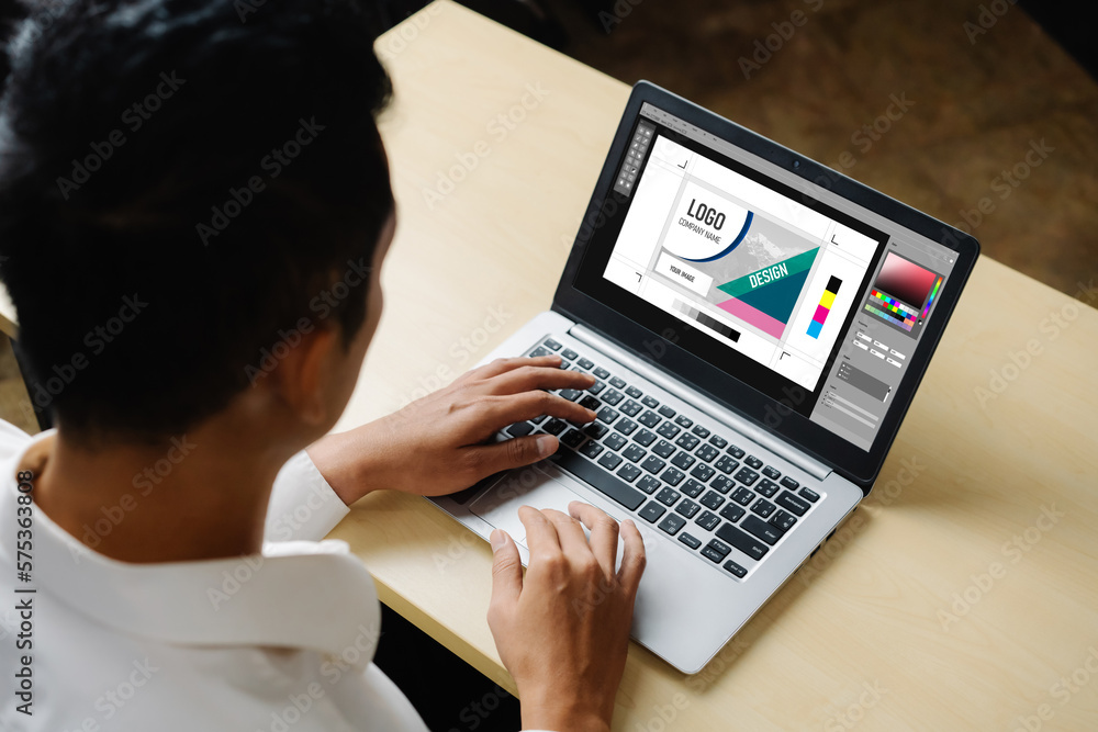 Poster graphic designer software for modern design of web page and commercial ads showing on the computer s