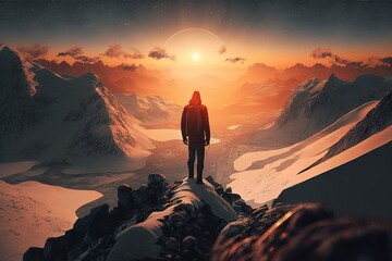 Climber on epic swiss mountains on his pathway to the summit, swiss alps panorama, sunrise, generative ai
