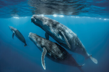 Fototapeta premium A family of humpback whales swimming in the ocean. Marine Wildlife in their Natural Habitat.