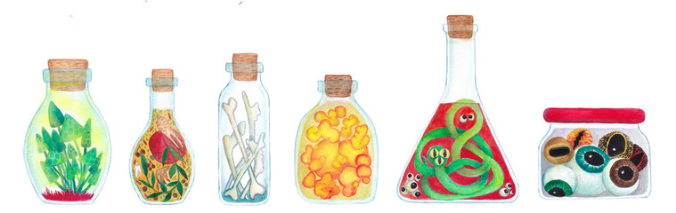 Watercolor illustration of a set of glass bottles with different kinds of potions and witch supplies.
