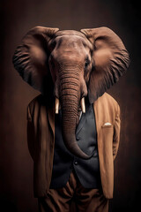 Fototapeta na wymiar AI generated illustration of anthropomorphic elephant in elegant suit standing against brown background and looking at camera