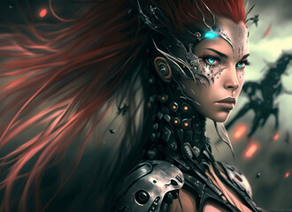 portrait of a futuristic cyber fantasy warrior woman , Generative AI	