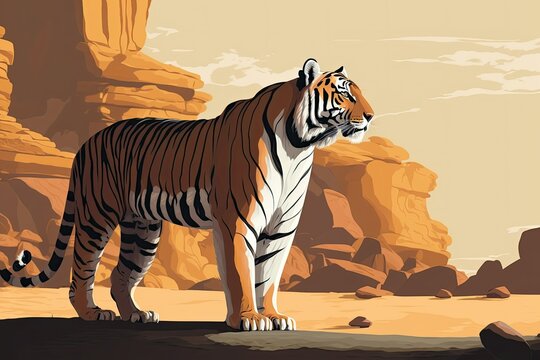 Tiger in its natural habitat looks great. Do the tiger position when the sun is at its brightest. Dangerous animal in the wild. India's summers can get quite warm. In a dry region, you can see a stunn