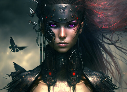 portrait of a futuristic cyber fantasy warrior woman , Generative AI	